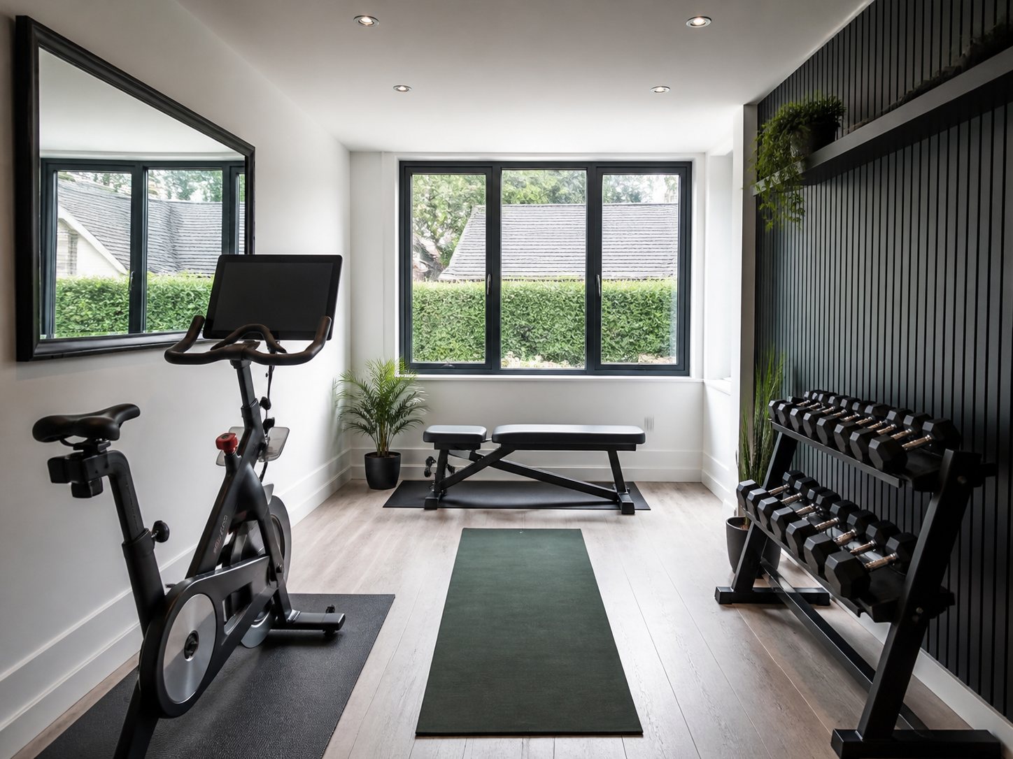 A converted garage arranged as a home gym with an exercise bike, bench and weights