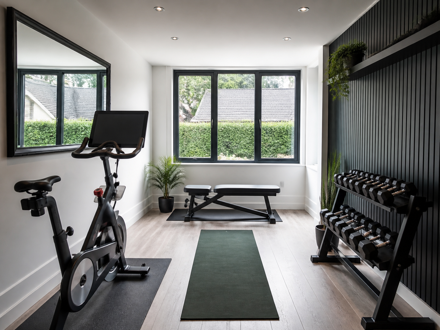 A converted garage arranged as a home gym with an exercise bike, bench and weights