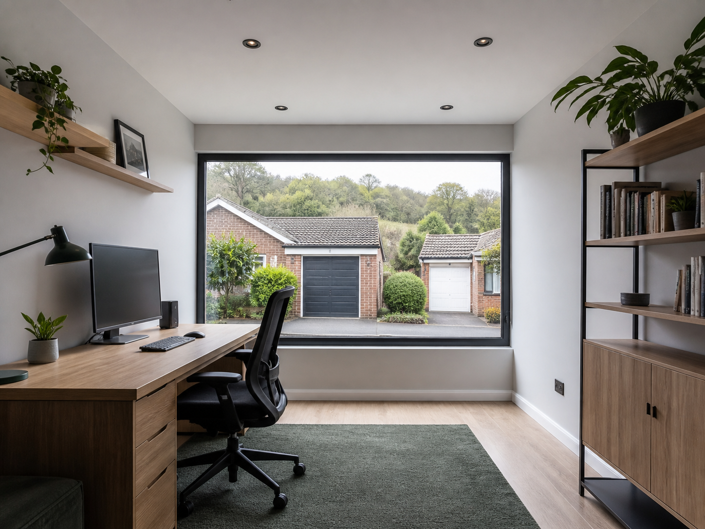 A converted garage arranged as a home office with a desk, monitor and chair