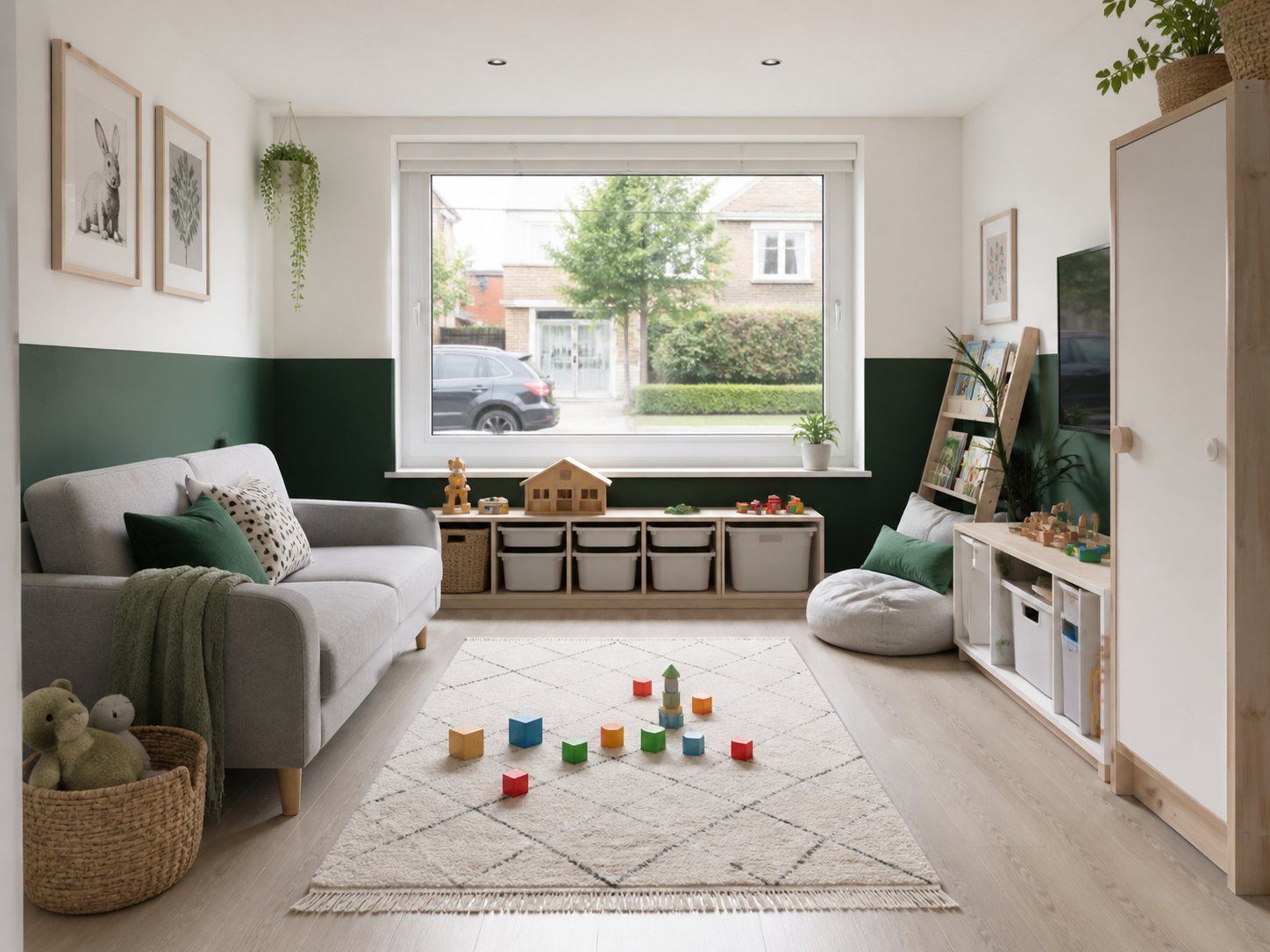 A converted garage arranged as a family play room with a sofa and toy storage