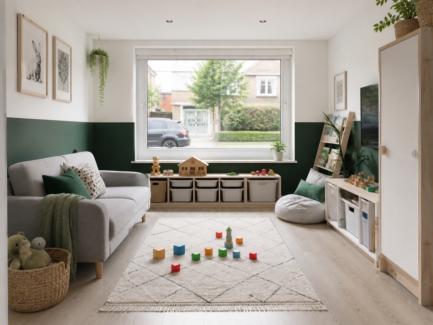 A converted garage arranged as a family play room with a sofa and toy storage
